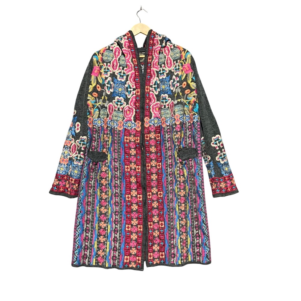 Johnny‎ Was Biya Breilinha Hooded Long Duster Cardigan Grey Multi M Heavy Coat